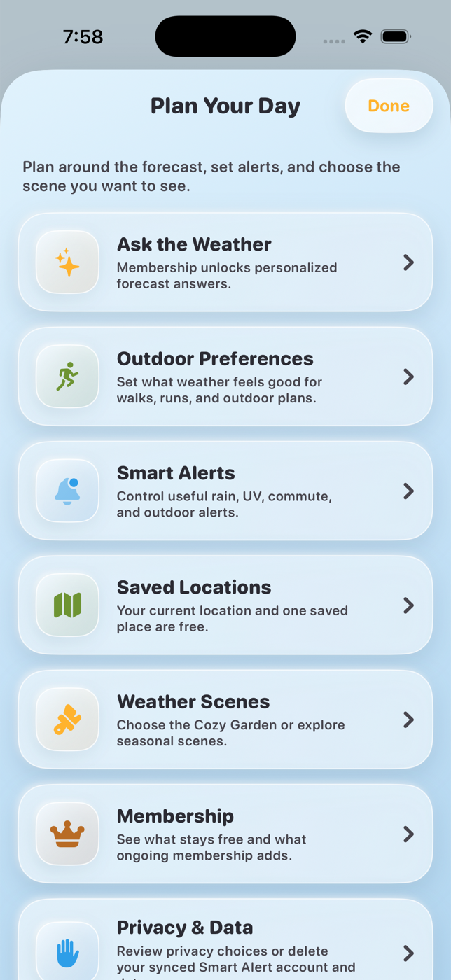 Skyla Plan Your Day screen with Ask the Weather, preferences, Smart Alerts, saved locations, scenes, and membership