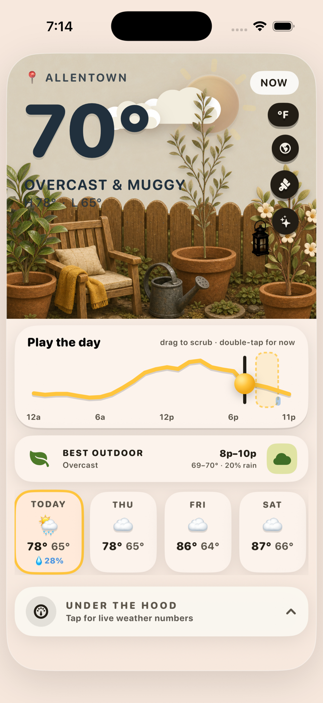 Skyla showing a living garden forecast, hourly timeline, best outdoor window, and seven-day forecast